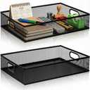 Elsjoy 2 Pack Desk Drawer Organizer Tray, Metal Mesh Desktop Storage Tray Office File Organizer with Handle, Portable Large Storage Basket for Office Supplies, Craft, Magazine, Paper