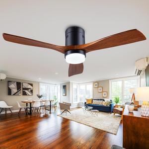 48" Recessed Ceiling Fan with Lights and Remote Control, Indoor Outdoor Wooden Ceiling Fan with 3 Wooden Blades for Patio, Living Room, Bedroom, Hallway (48-inch flush-mounted, Black + Walnut)