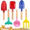 Children Beach Sand Toys, 6 PCS 8'' Wooden Handle Gardening Tools, Kids Gardening Set, Cylinder, Spoon, Fork, Rake, Flat Shovel & Pointed Shovel