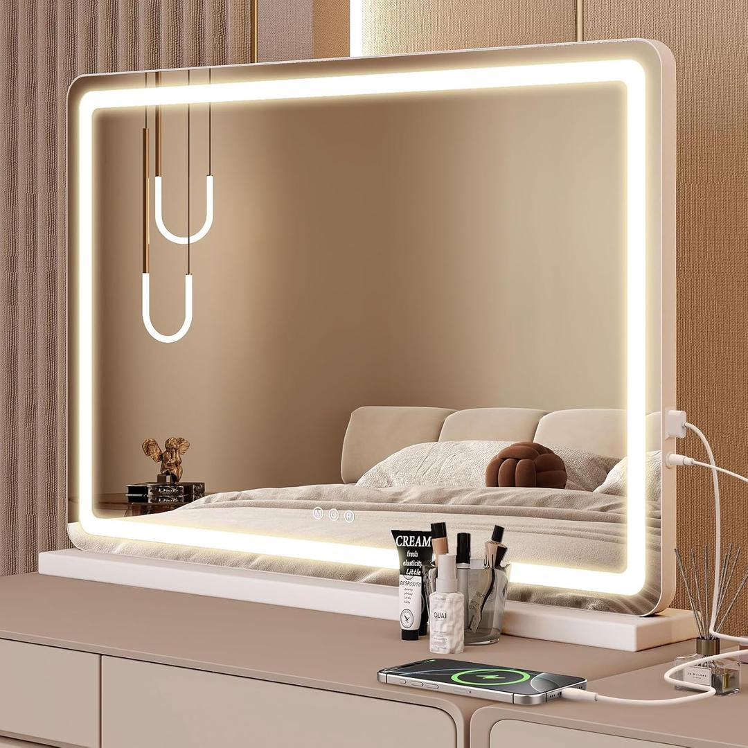 Sweetcrispy 23"x32" LED Vanity Mirror with Lights, Dimmable 3 Color Modes Makeup Mirror with Memory Function, USB Charging, Aluminum Frame, Lighted Mirror for Desk, Bedroom, Living Room