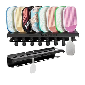 Pickleball Paddle Rack Holds 8 Paddles at a 45-Degree Angle Making All Paddles Visible, With Slider Paddle Marker to Track Next Up Players, Fence or Wall Mount, Steel, Black