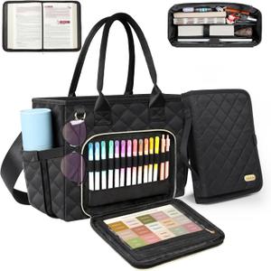 Large Bible Bag with Bible Cover Case for Women, Church Bag with Shoulder Strap, Quilted Bible Cover for Bible Study Supplies, a Christian Gift for Women, Black