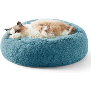 Bedsure Calming Cat Beds for Indoor Cats - Small Cat Bed Washable 20 inches, Anti-Slip Round Fluffy Plush Faux Fur Pet Bed, Fits up to 15 lbs Pets, Washed Blue