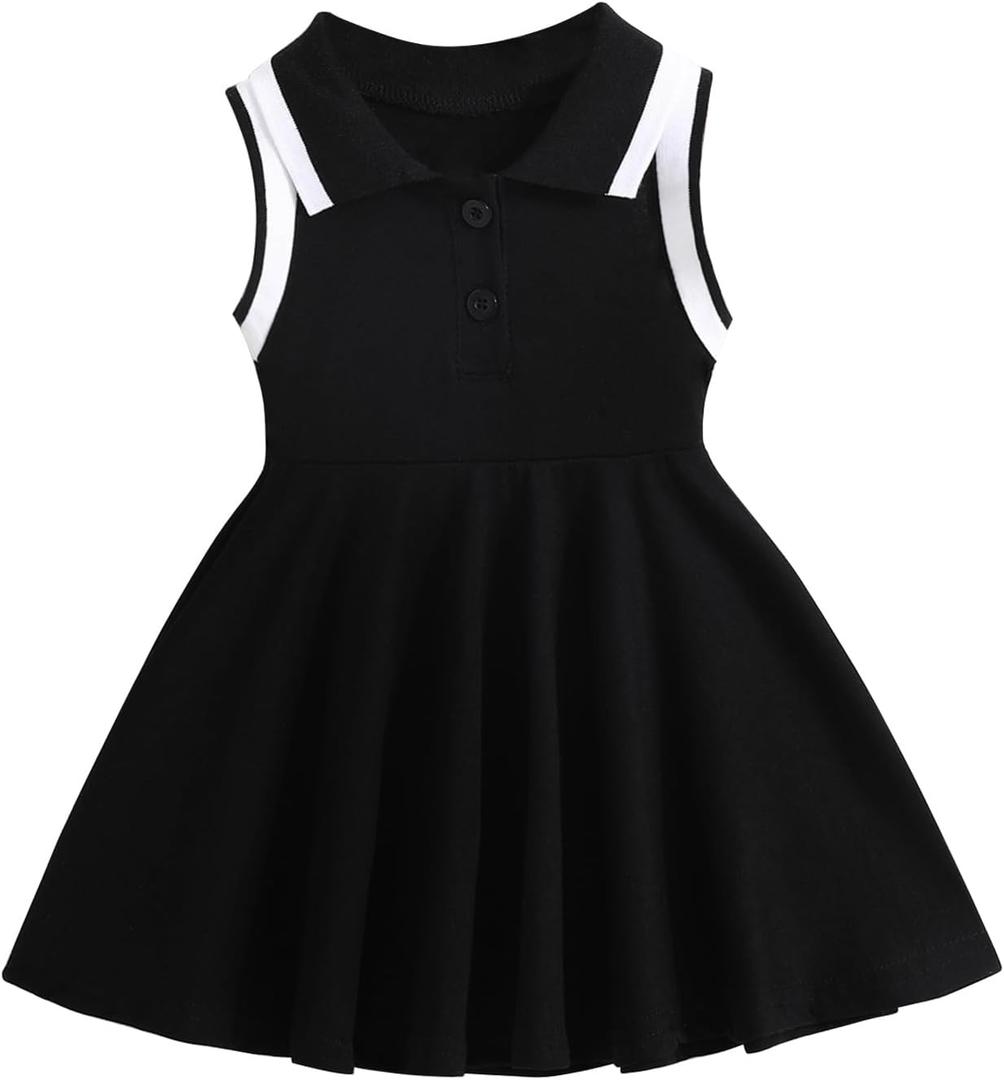 ESHOWEE Baby Girls Summer Casual Dress Toddler Sleeveless Ruffle Polo Collar Button Down Sporty Dresses Sundress 3M3T Black, 2/3Y