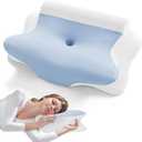 JOLLYVOGUE Neck Pillow for Pain Relief - Contour Memory Foam Cervical Pillow with Cooling Pillowcase, Ergonomic Orthopedic Support for Side Back Stomach Sleepers, White & Light Blue