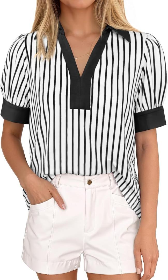 Tankaneo Womens Short Puff Sleeve Tops Summer Color Block Blouses Shirts (White, M)