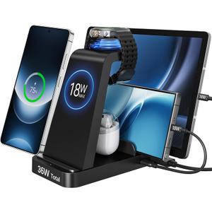 Wireless Charger for Samsung, 5 in 1 Android Charging Station for Galaxy S26 Ultra/S25/S24/S23/S22/S21, Galaxy Watch Ultra/8/7/6/5, Galaxy Buds 2/2 Pro, Multi Device Charger Stand, Black