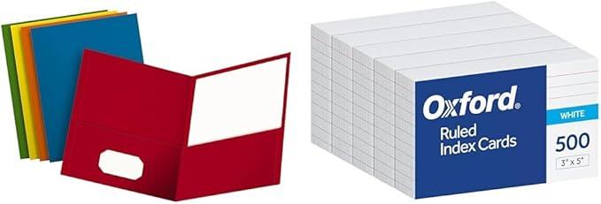 Oxford 25 Two-Pocket Folders Letter Size Assorted Colors 3x5 Ruled Index Cards