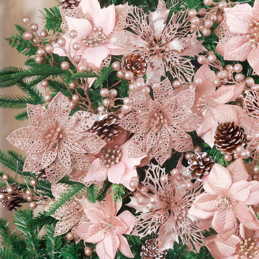 56 Pcs Christmas Decorations, 4 Styles Poinsettias Artificial Christmas Flowers Glitter Berries Stems Ornaments Tree with Pine Cones & Stems for Xmas Wedding DIY Wreath Floral Party (Rose Gold)
