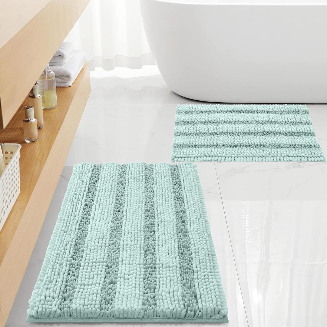 Non Slip Thick Shaggy Chenille Bathroom Rug Sets 2 Piece, Thickened Hot Melt Rubber Bottom Bath Mats for Bathroom, Bath Rugs Quick Dry Machine Washable for Shower (Spa Blue, 32"x20" Plus 17"x24")