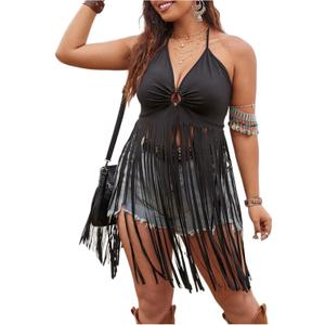 SHENHE Women's Plus Size Fringe Tops Sexy Halter Neck Backless Boho Tassel Cropped Going Out Top (Black), Extra Large Plus 