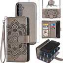 Asuwish Phone Case for Samsung Galaxy S25 FE 5G Zipper Wallet Detachable Cell Cover with Tempered Glass Screen Protector Crossbody Strap Flower Card Holder S 25 EF S25FE 25S 25FE Women Men Girls Gray