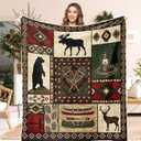 Rustic Cabin Throw Blanket, Rustic Lodge Flannel Throw Blankets Bear Deer Country Hunting Wild Animal Cozy Warm Bed Couch Blanket, Rustic Farmhouse Bear Flannel Throws for Bed Couch, 50"X60", Brown