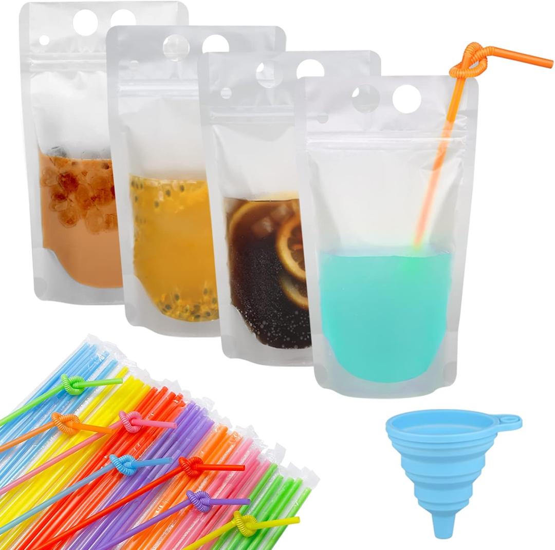100 Pcs Zipper Plastic Pouches Drink Bags,Heavy Duty Hand-Held Translucent frosted Reclosable Stand-up Bag 2.4" Bottom Gusset with 100pcs Straws & Funnel Included (Clear)