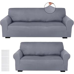 Peryiter 2 Pcs Sofa Covers Loveseat Couches Covers for Living Room Slipcover Set Furniture Protector for Couch Arm Chair, Form Fit Stretch, Wrinkle Proof(Light Gray,Milk Silk)