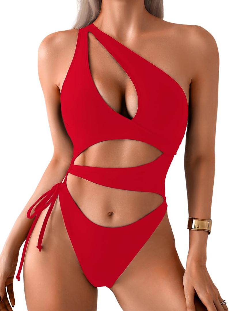 Sexy One Piece Swimsuit for Women ,Cut Out Keyhole High Cut Cheeky Monokini, Pool Party Beach Wear Vacation (Small, Red)