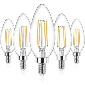 Ascher E12 Candelabra LED Light Bulbs 60 Watt Equivalent, Warm White 2700K, Non-Dimmable, 550 Lumen, Clear LED Filament Candle Bulbs, Pack of 5