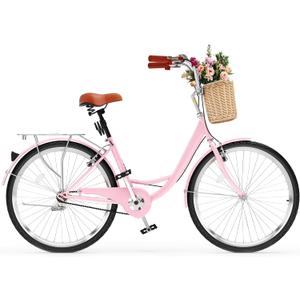 Beach Cruiser Bike for Women, 24 & 26 inch Commute Bike for Adults, 1 & 7 Speed Womens Bicycle with Basket Adjustable Seat, Multiple Color (pink)