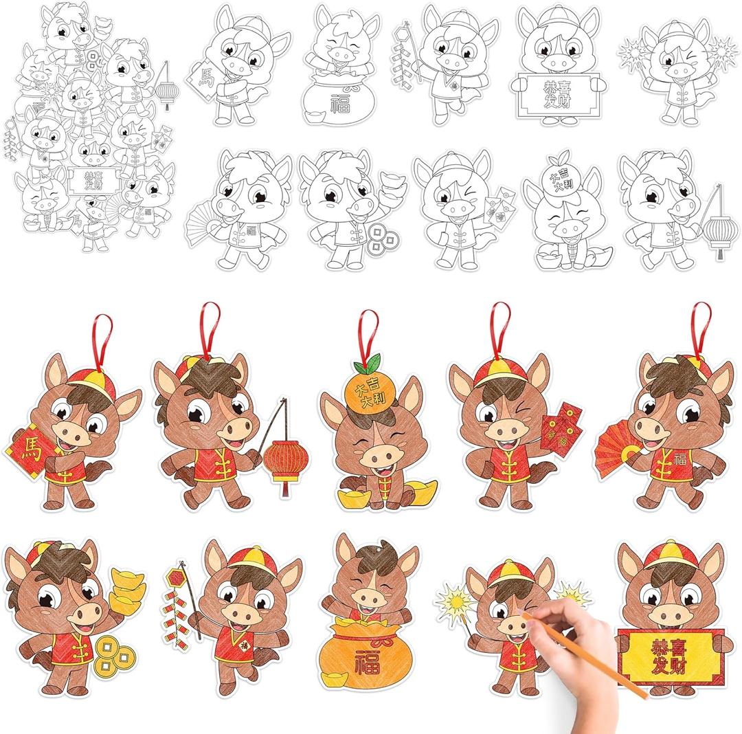 JAPBOR Chinese New Year Craft for Kids - 83pcs 2026 Lunar New Year Horse Party Favors Coloring Kit, Color Your Own DIY Spring Festival Arts Hanging Ornament Activities Draw Paper Bulk Decor