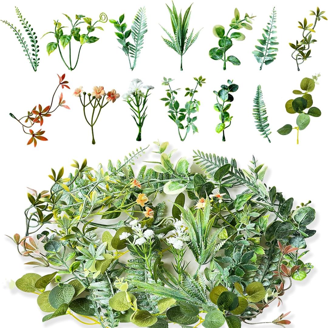 30Pcs Mini Fake Green Leaves Faux Flower Heads Garland Hanging with Bulk Leaves for DIY Small Bouquets Bridal Baby Shower Cakes Gifts Home Party Decoration