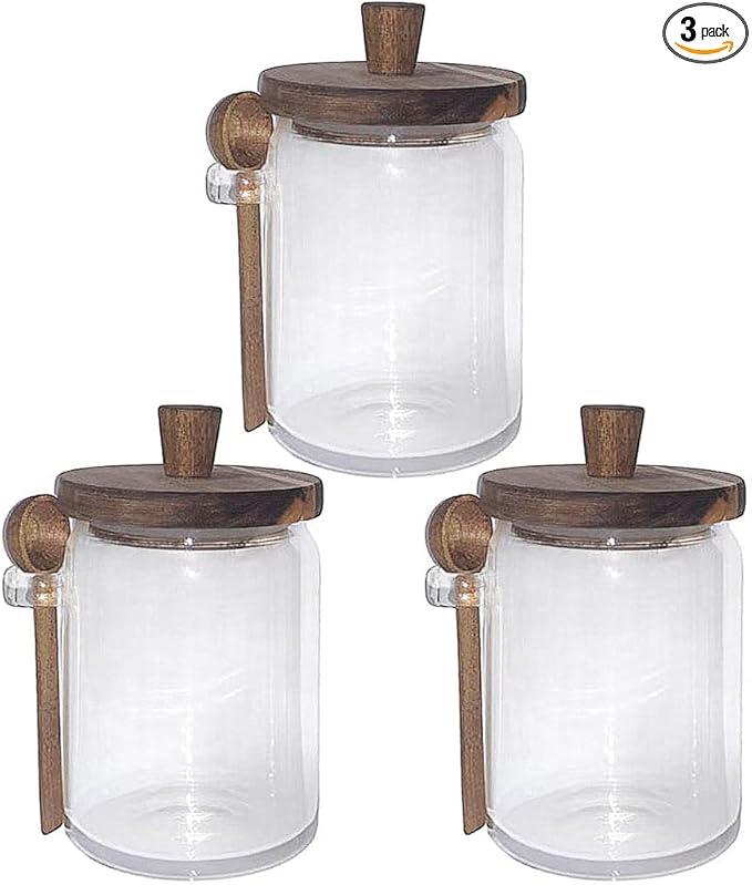 Set of 3 Glass Jars Containers with Wooden Lids and Scoop Clear Canister Jars Set with Spoon for Kitchen Food Storage Coffee Tea Sugar Decorative Countertop Organization Jars 31 oz (3)