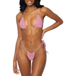 Women Halter String Bikini Set Sexy Thong Cheeky Two Piece Swimsuits Solid Color Bathing Swimwear (Small, Pink)