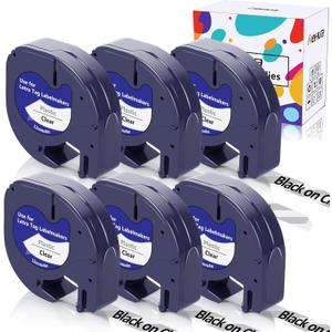 Hehua Clear Label Maker Tape Compatible for Dymo Label Maker Refills Clear Transparent 16952 S0721530 LetraTag Refills 12mm x 4m for Dymo LetraTag LT-100H LT-100T Plus LT-110T QX50 2000 XR, 6 Pack