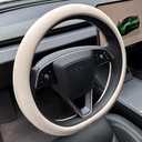 PINCTROT Nappa Leather Steering Wheel Cover for Tesla Model Y/3 Highland/Juniper, D Shaped 14 Inch Small Sized with Breathable Perforation, Fit Like Gloves, Flat Bottom 14 Inch (Nappa Beige)
