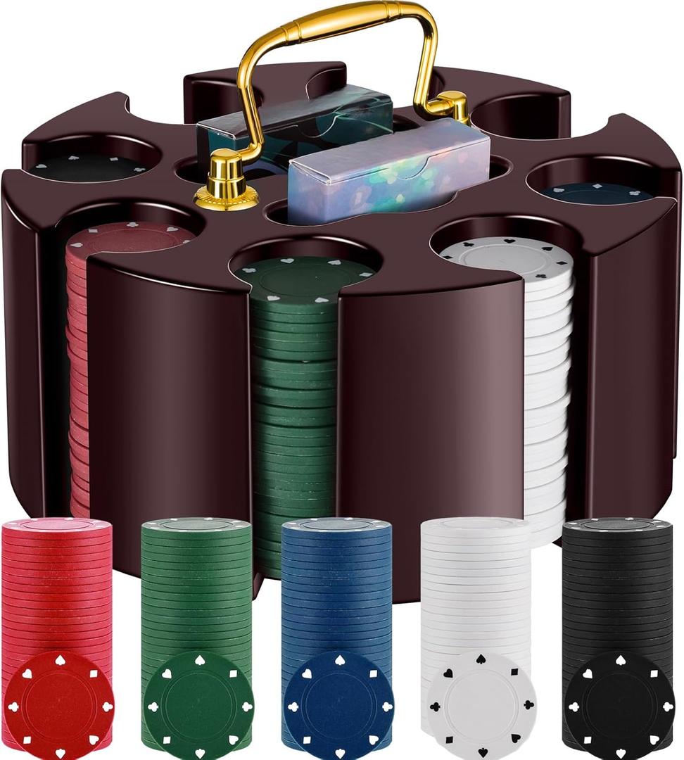 Wettarn Poker Chips Poker Set, 200 Count Rotating Chip Case Wood Carousel Case Holder with 200 Pcs Chips and 2 Decks of Playing Cards for Casino Party Supplies Family Game Accessory