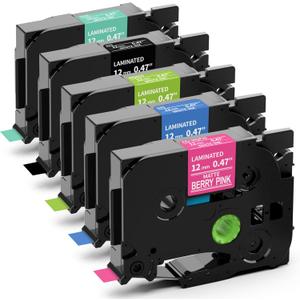 Label KINGDOM Compatible with Brother Label Maker P Touch TZe TZ Tape 12mm 0.47 Inch Laminated (White on Black,Blue,Turquoise Blue,Berry Pink,Lime Green) for Brother PTD210 PTH110 PTD400