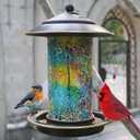 Solar Bird Feeder for Outdoor Hanging Stained Glass, Tesserae | 1.5lbs Capacity Small Metal Birdfeeder - Attracts Cardinals and Finches - Garden Decor Gift for Parents and Lover