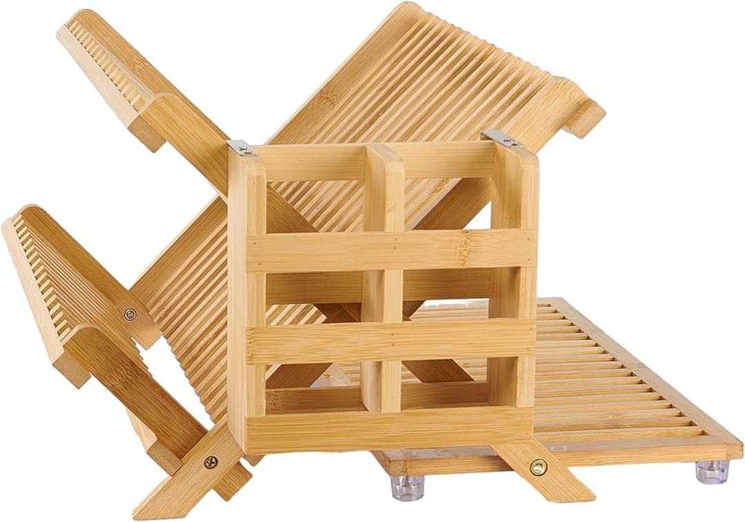 Bamboo Dish Drying Rack with Utensil Holder, Collapsible Wooden Dish Drainer Rack, 3-Tier Large Folding Drying Holder for Kitchen Counter 51 pcs Grid