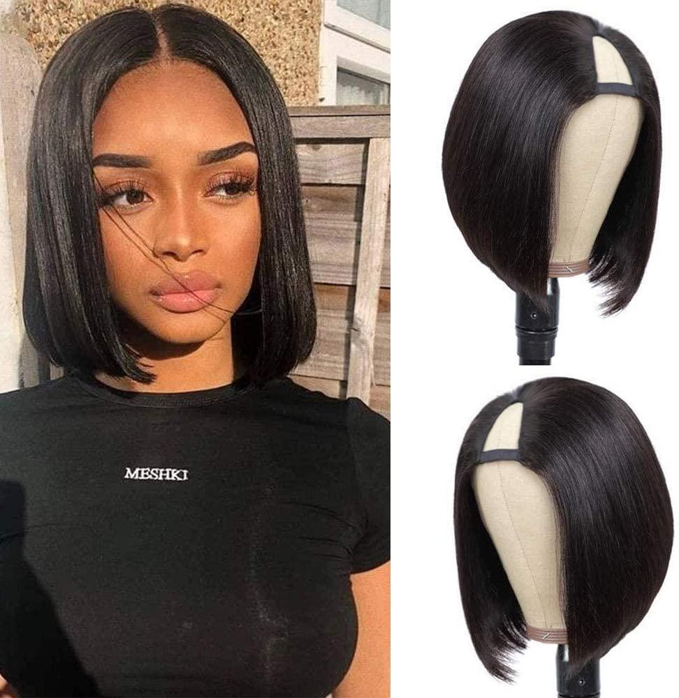 PANEWAY U Part Wig Human Hair Wigs For Black Women 10 inch Short Bob Straight Wig Brazilian Remy Human Hair Bob Wigs Clip in Half Wig U Part Hair Extensions Natural Color