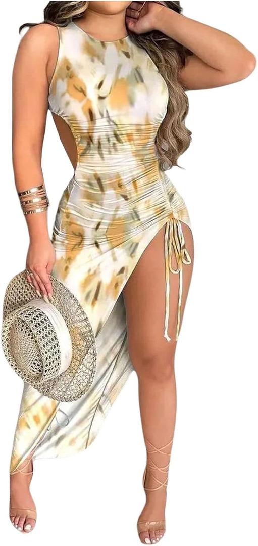 Floerns Women's Tie Dye Sleeveless Tank Dress Cut Out Drawstring Ruched Bodycon Long Dresses (Large, Yellow)