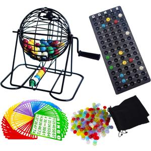Yuanhe Deluxe Bingo Game Set - Metal Round Cage, 75 Colored Balls, 50 Bingo Cards, 300 Mixed Chips and Master Board for Large Groups, Parties