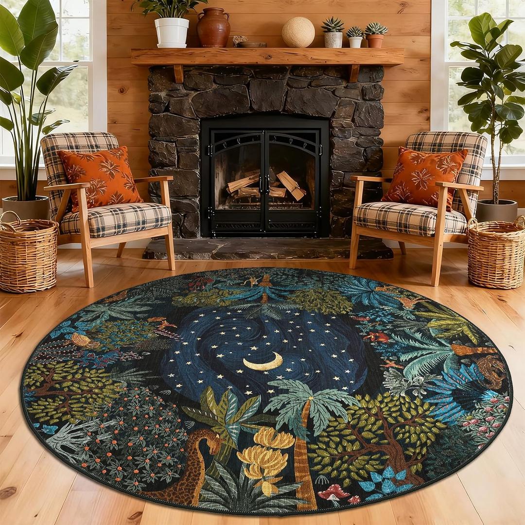 GarveeHome Round Area Rugs 8ft for Living Room, Large Green Jungle Washable Circle Rug Soft Non Slip Forest Animal Print Floor Mat Tiger Carpet Indoor Thin Rug for Bedroom Dining Room Playroom Nursery
