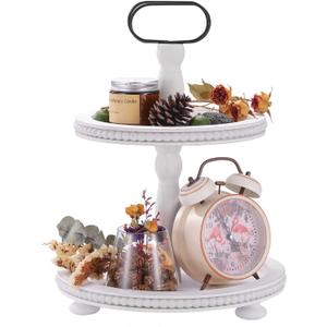 Urban Deco Wooden Decorative Tray Two Tiered Trays Decorations Round Serving Tray with Metal Handle, Wooden Cupcake Stand for Party Tiered Dessert Stand - Retro White Farmhouse Wood Tray