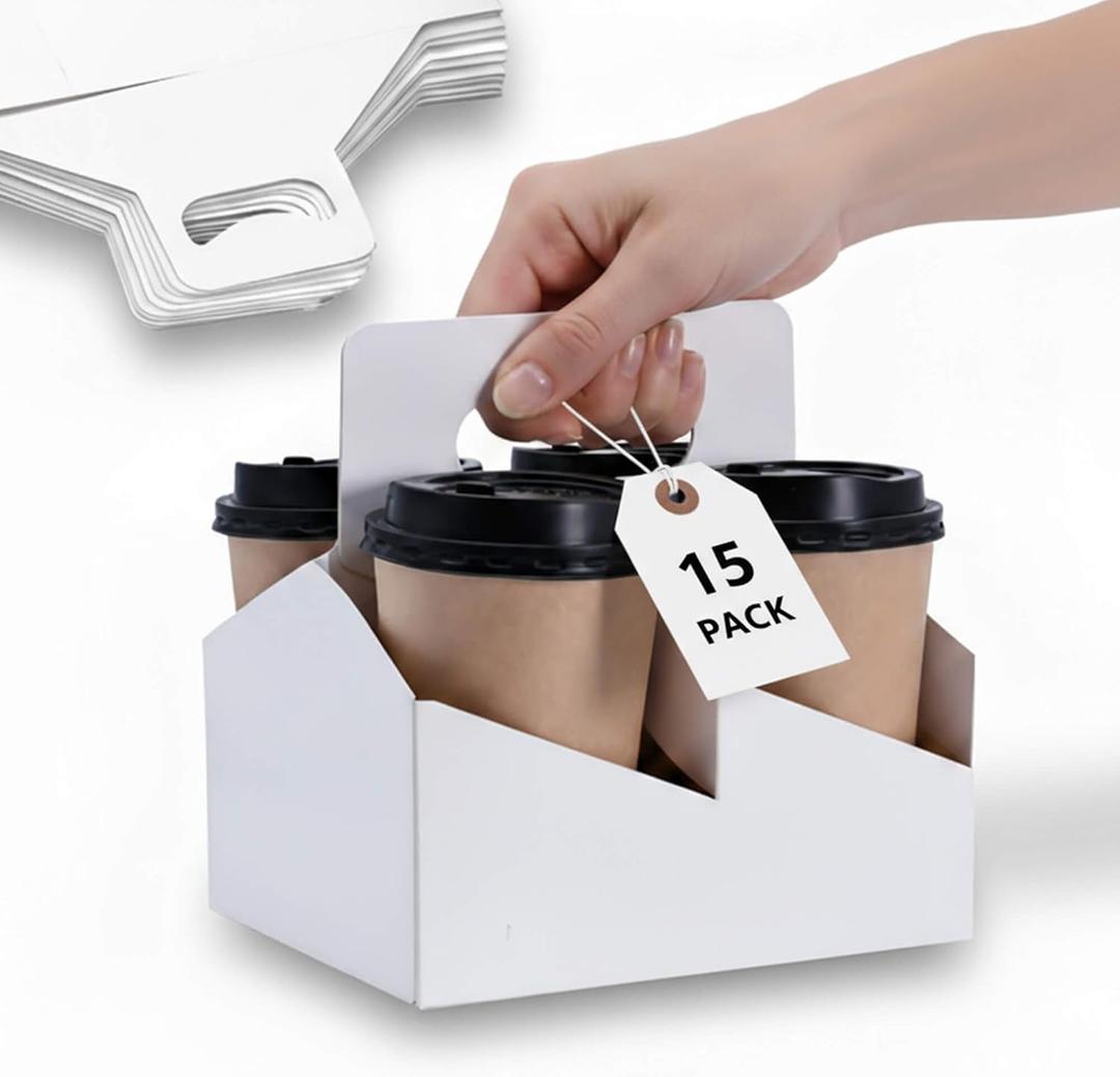 4-Cup Drink Carrier with Handle - 15 Pack Cup Holders for Food Service (12-32oz)