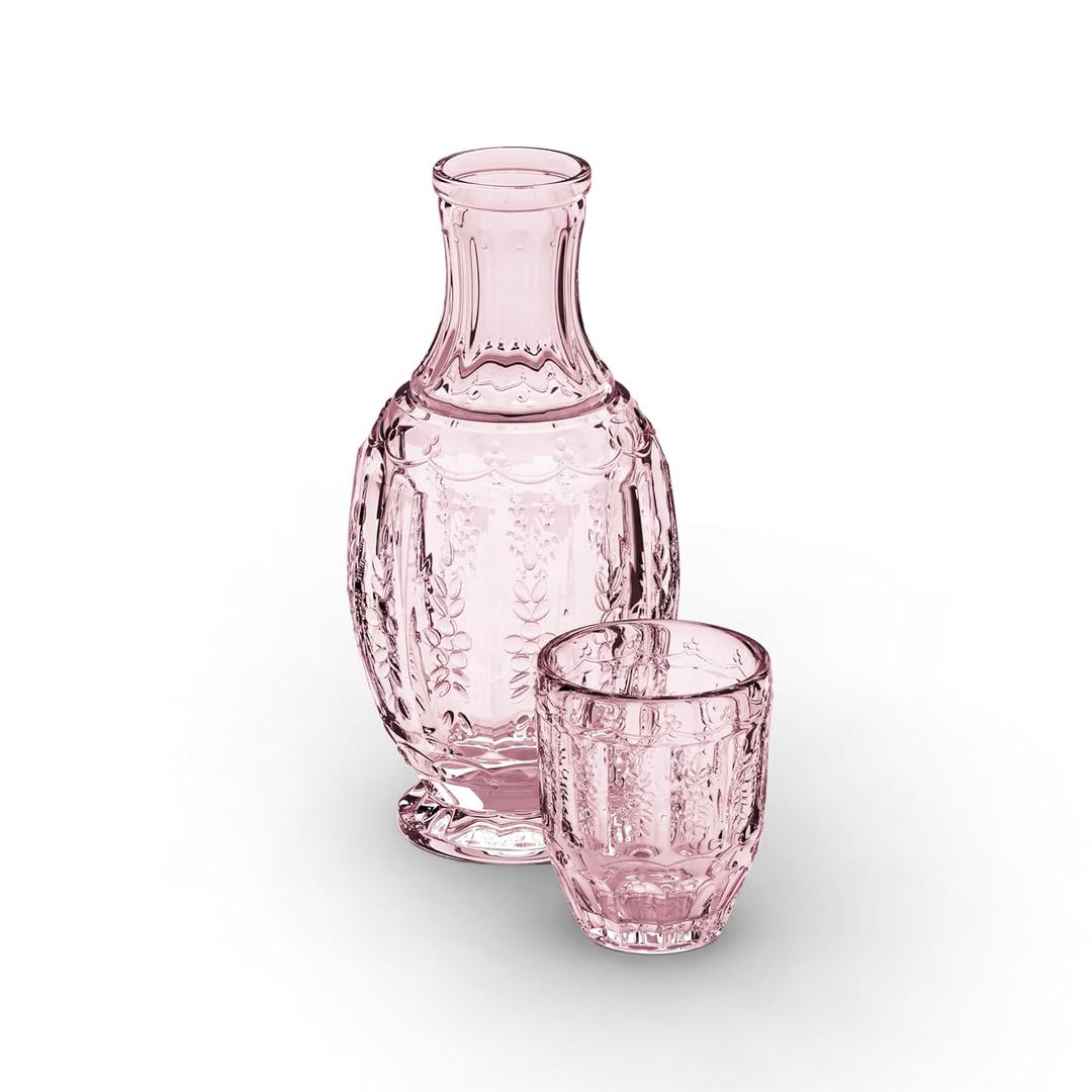 33.8 Oz Carafe Set with Glass Tumbler, Vintage Bedside Glassware for Water or Juice - Unique Antique Pitcher - Beautifully Etched Carafe & Tumbler Duo for Home Decor & Gifting (Pink)