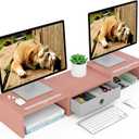 WESTREE Dual 3 Shelf Computer Riser with Drawer, Adjustable Length and Angle, Desktop 2 Monitor Stand Storage Organizer (Pink)