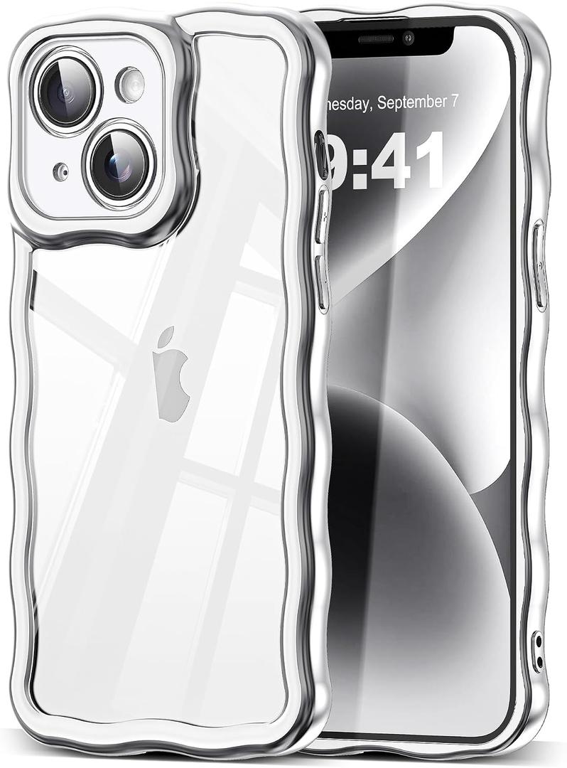 3 x  SKYLMW Compatible with iPhone 13 Pro Max Case, Kawaii Cute Curly Wave Frame Luxury Plating Edge, Stylish Glossy Clear Back, Soft TPU Shockproof Protective Cases for iPhone 13 Pro Max, Silver
