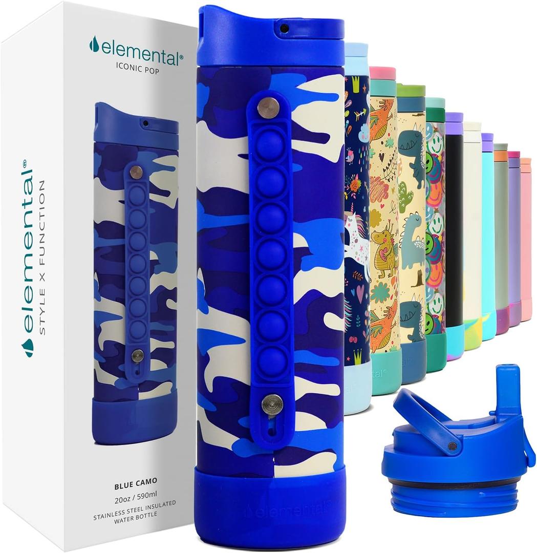 Elemental Iconic Kids Water Bottle with Straw Lid & Stress Reliever Pop It Handle, Leak-Proof When Closed, Triple Insulated Stainless Steel Reusable Thermos Water Bottle, 20oz - Blue Camo
