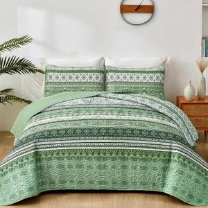 WONGS BEDDING Boho King Quilt Set, Light Green Bohemian Quilt Bedding Set, Lightweight Bed Decor Bedspread for All Season Reversible Microfiber Coverlet Bedding Set 103"x90"(3 Pieces)