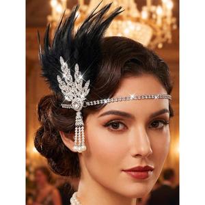 Aukmla 1920s Flapper Feather Headband Leaf Rhinestones Headpiece Pearl Roaring 20s Headdress Hair Accessories for Women (Black Silver, One Size)