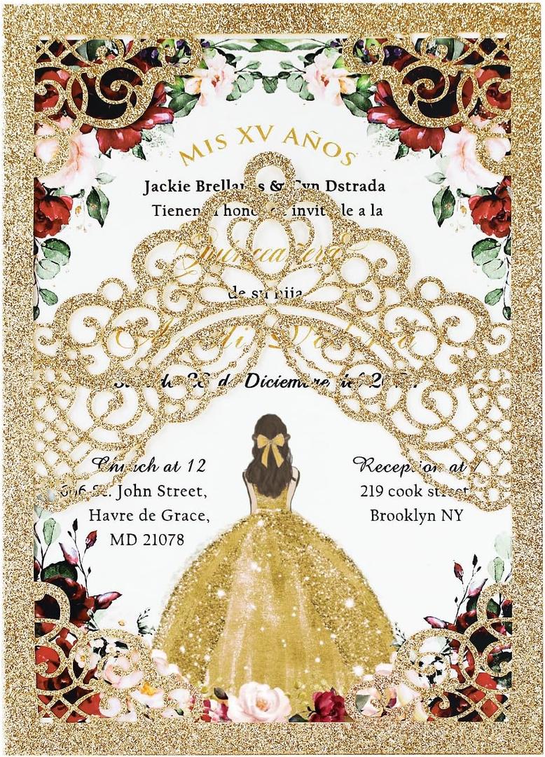Hosmsua 50PCS Blank Gold Glitter Quinceanera Invitations Kit, 5.1x7.3 Inch Laser Cut Floral Crown Pocket Quinceanera Invitation Cards with Envelopes for Birthday Quince Anos Invite