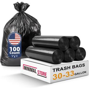 100 Pack, 30-33 Gallon Trash Bags, Medium Duty Black Garbage Bags 32"x38", Plastic Bolsas de Basura, Durable & Puncture-Resistant, Made in USA for Kitchen, Yard, Office