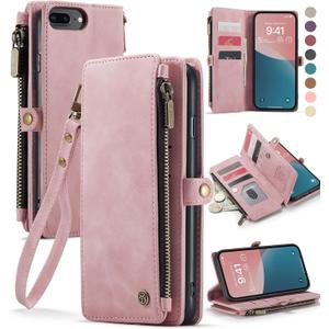 Defencase Compatible with iPhone 8 Plus/ 7 Plus Case Wallet with Card Holder for Women Men, PU Leather Magnetic Snap Flip Zipper Strap Phone Cover, Rose Pink