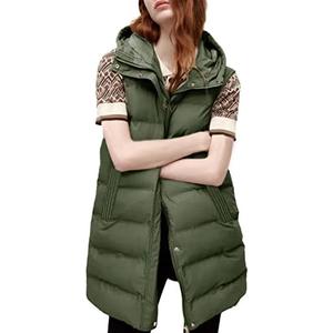Tanming Women's Long Puffer Vest Casual Sleeveless Puffy Jacket with Removable Hood, M, Army Green
