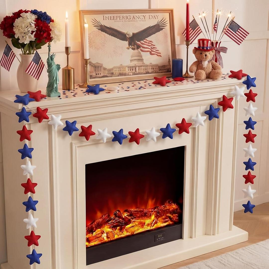 Hahafelt 13 FT 48 Pcs Patriotic Felt Star Garland Banner 4th of July Garland Decorations Red White and Blue 250th Anniversary Memorial Day 3D Star Felt Banners for Independence Day Party Home