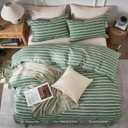JELLYMONI Cotton Duvet Cover Queen Size - Green Striped Comforter Cover with Button 100% Washed Cotton 3PCS Breathable Soft Solid Bedding Set Duvet Cover 9090in & 2 Pillowcases (NO Comforter)